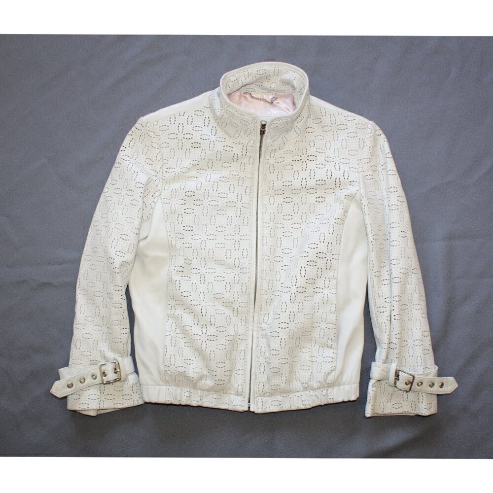 Guess White Bomber Leather Jacket Women's Size XS wrist tie Zip up Laser cut